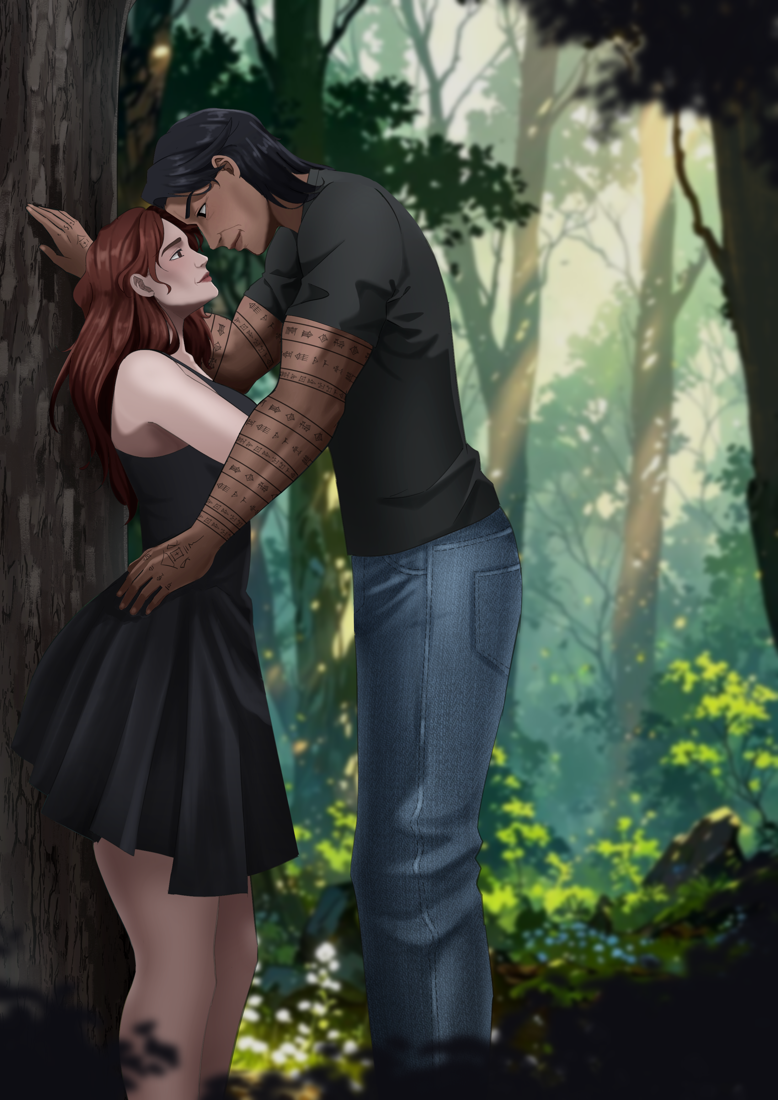Two people embracing in a forest setting